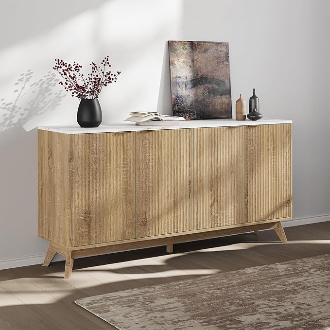 Buffet Cabinet with Storage, Fluted Multifunctional Storage Cabinet with 4 Doors, Sideboard Cabinet with Doors Modern Buffet Table Accent Coffee Bar Console Table,fluted buffet cabinet