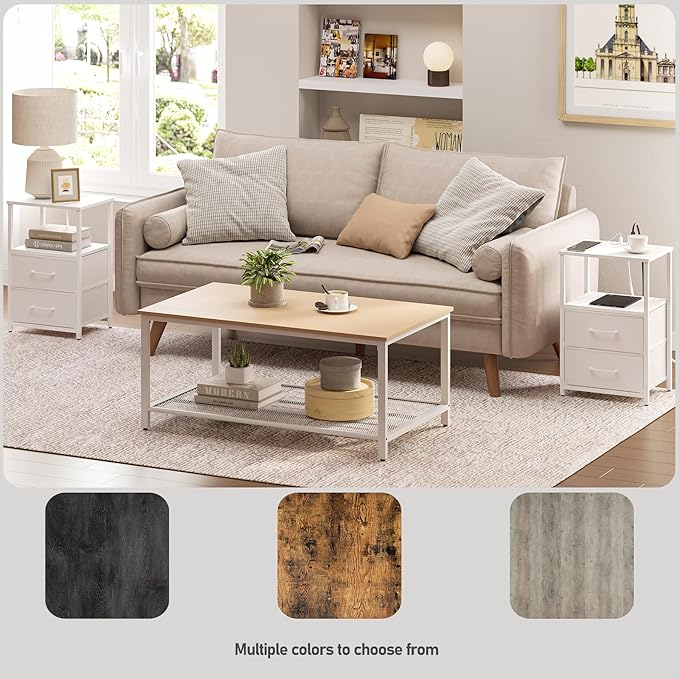 TUTOTAK End Table with Charging Station, Side Table with 2 USB Ports and Outlets, Nightstand with Cloth Drawer, Set of 2, Couch Table, White TB01BW052
