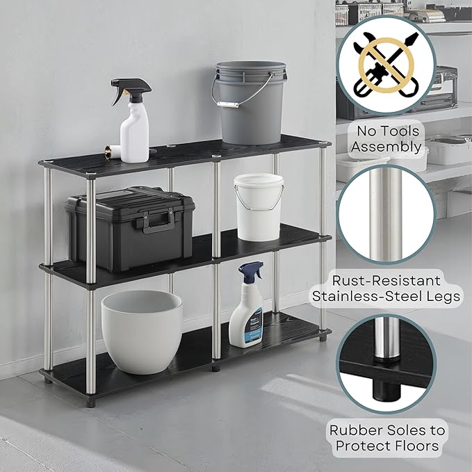 Convenience Concepts Designs2Go No Tools 3 Tier Wide Console Table 42" - Modern Multipurpose Accent with Shelves for TV Media Center, Office Desk Extension, Entryway Display, & Home Storage, Black