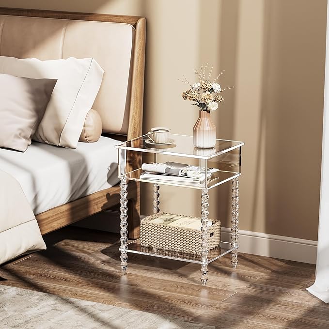 Acrylic Side Table, Clear 3-Tier End Table with Storage, Nightstand for Living Room, Bedroom, Office (Clear, 11.8 ×15.7 × 19.7)