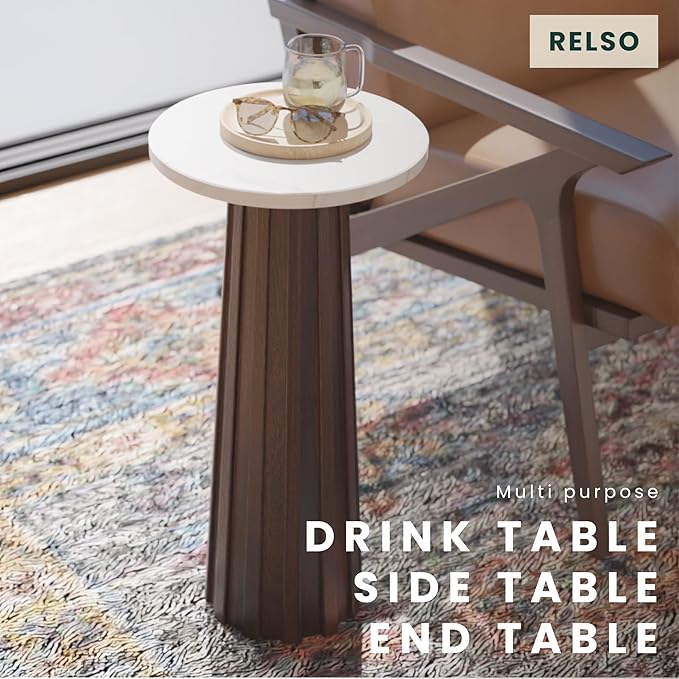 Ma'gro Drink Table – Solid Mango Wood Fluted Base with Real White Marble Top | Farmhouse Accent Side Table for Boho Decor, Bedside, Entryway, Plant Stand, Night Stand & Small Living Spaces