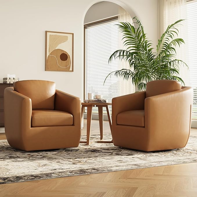 COLAMY 360° Swivel Accent Chair- Comfy Living Room Armchair No-Sag Foam & Sturdy Metal Base with Pillow, Fully Assembled Swivel Accent Single Sofa for Bedroom Living Room, Office, Brown