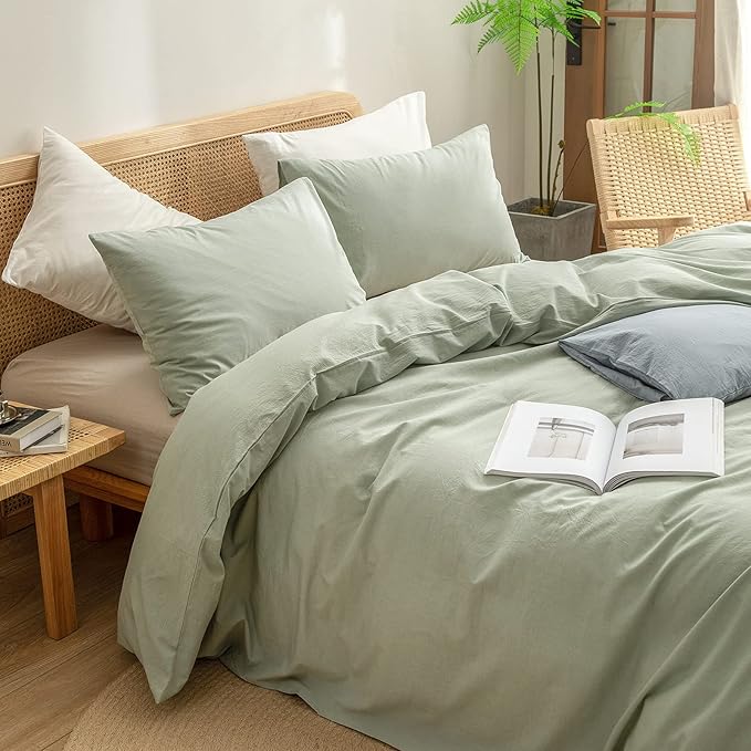 BESTOUCH Duvet Cover Set 100% Washed Cotton Linen Feel Super Soft Comfortable Chic Lightweight 3 PCs Home Bedding Set Solid Sage Green Oversized King