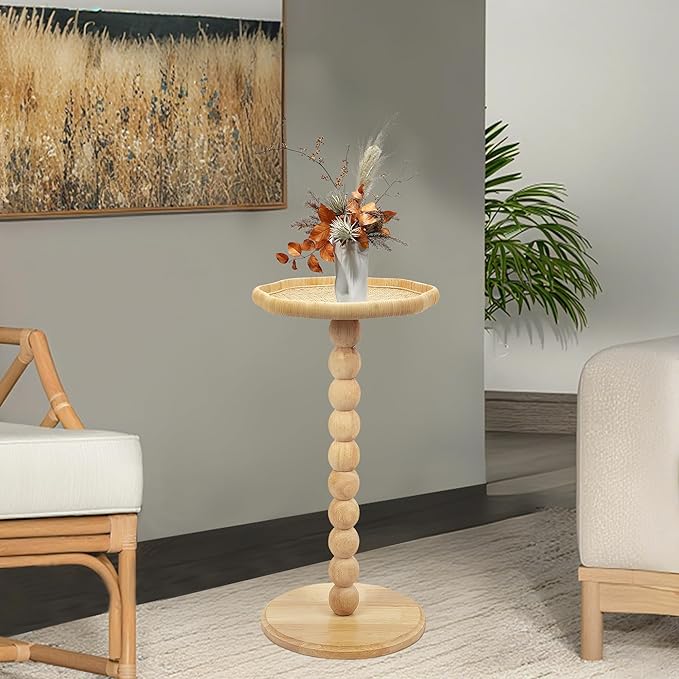 Drink Table, Boho Rattan Flower Small Side Table for Small Spaces, Solid Wood Modern Nightstand for Living Room, Bedroom, Farmhouse, Corners