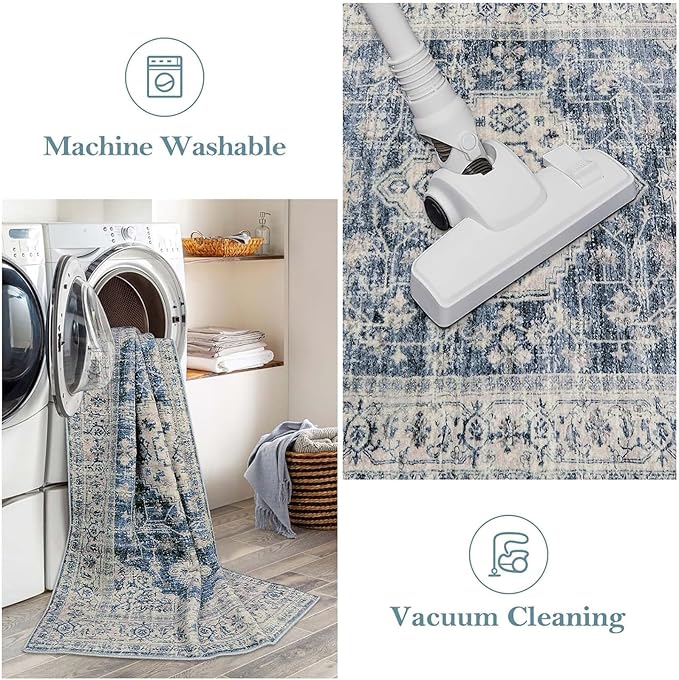 Lahome Oriental Hallway Runner Rug Non Slip, 2x8 Washable Runners for Hallways Kitchen, Vintage Non Skid Soft Long Carpet for Bedroom Bathroom Entryway, Blue