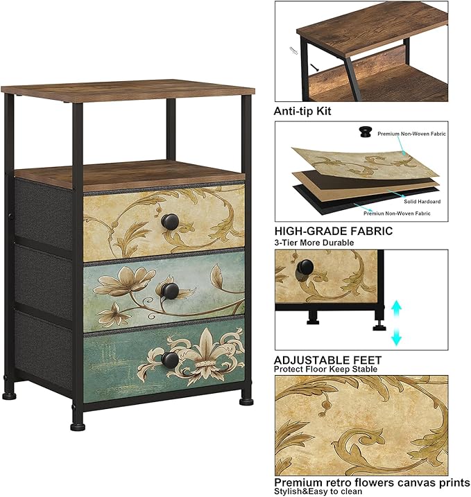 Tohomeor Nightstand with 3 Fabric Drawers Retro End Table with Storage Shelf Vintage Side Table for Bedroom Living Room Sofa Beside Farmhouse