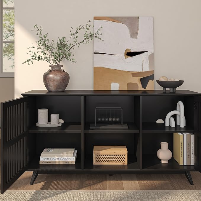 Plank+Beam Mid-Century Modern Wood TV Stand, Solid Wood Entertainment Console with Storage, 59" L x 16" W x 30" H, Black