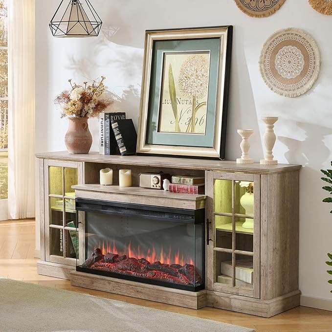 ROCKPOINT 3 Sided Glass 80" Fireplace TV Stand for TVs up to 90", Media Entertainment Center with Glass Door Storage Cabinet for Living Room,36" Electric Fireplace & Adjustable LED Light,Grey