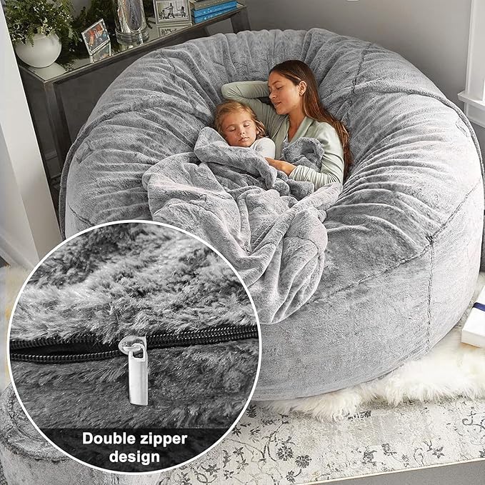BCU Bean Bag Cover Comfy Beanbag Chair for Adults Without Filler Faux Fur Lazy Sofa Cover for Living Room Chairs, Dark Grey, 3.5FT