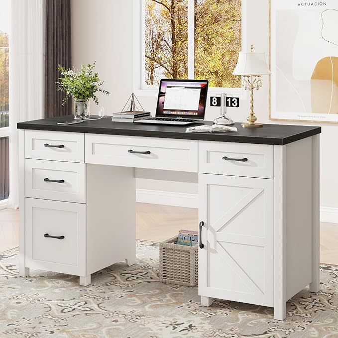 Farmhouse 61'' Executive Desk with 5 Drawers, Rustic Office Desk Computer Desk with Charging Station, File Drawers and Storage Cabinet, Wood Workstation for Home Office and Study.(Black Top)