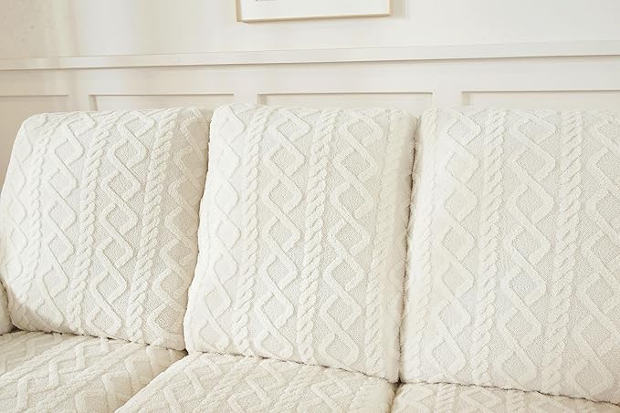 vctops 8 Pieces Geometric Jacquard Plush Recliner Sofa Covers Soft Fuzzy Fluffy 3 Seats Couch Cover Anti-Slip Sofa Slipcover Furniture Protector with Elastic Bottom for Kids Pet(Cream,3 Seat)