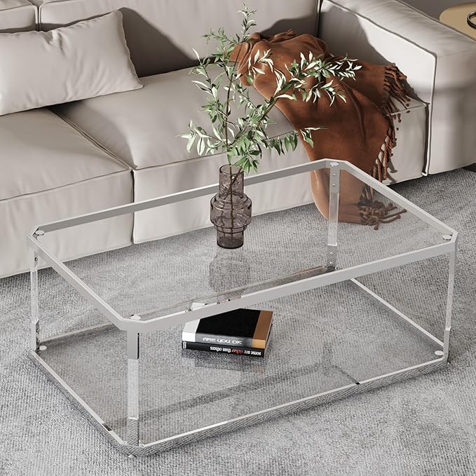Glass Top Coffee Table, Sliver Rectangle Coffee Table Glass Top with 2 Tiers, Acrylic Leg, Chrome Frame, Modern Center Table for Living Room