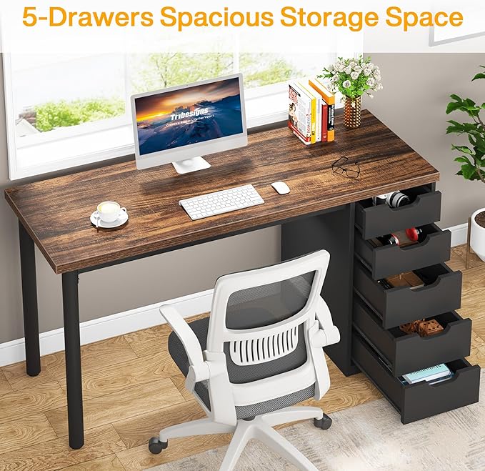 Tribesigns Computer Desk with 5 Drawers, 47 inches Rustic Brown Home Office Desk with Storage, Modern Simple Laptop Desk Study Writing Table for Small Spaces (1, Brown+Black)
