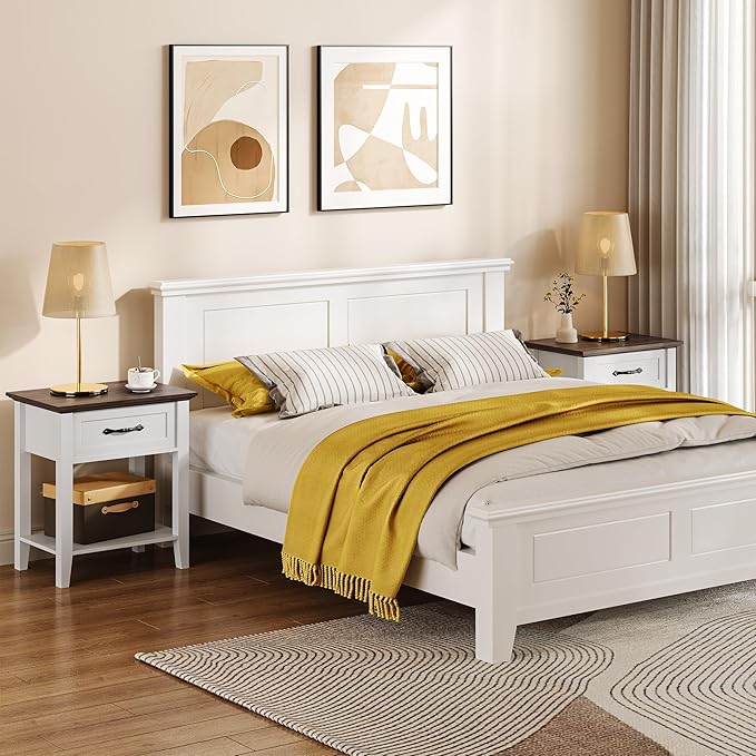 IDEALHOUSE Nightstand, End Table with Drawer, Side Table for Spaces, 2 Tiers Storage Shelves with Dresser, Bedside Table for Living Room, Bedroom, Dorm (White)