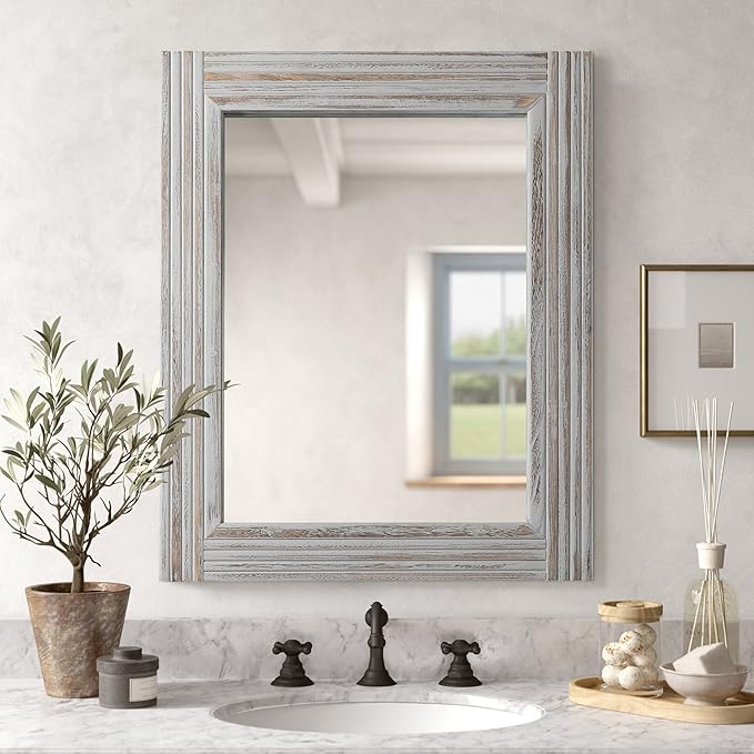 YOSHOOT Hand-Made Wooden Spliced Wall Mirror for Bathroom, Rustic Farmhouse Vanity Mirror, Décor Wall Art, Solid Wood Frame, Vertical or Horizontal Hanging