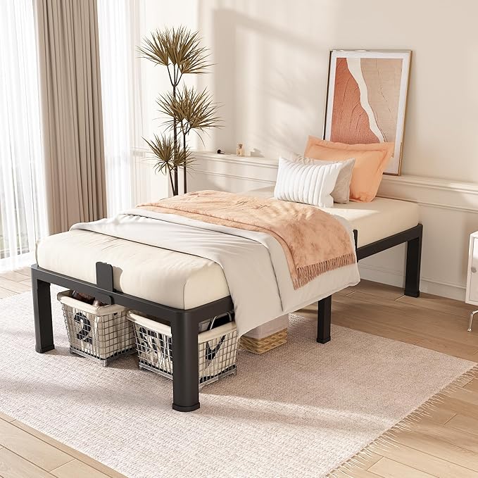 FUIOBYVV Twin Bed Frames with Round Corner Edge Legs, 14 Inch High 3500 lbs Heavy Duty Metal Platform Bed Frame Twin Size, No Box Spring Needed/Non-Slip/Steel Slat Support/Noise Free