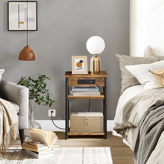 TUTOTAK End Table with Charging Station, Nightstand, 3-Tier Couch Side Table with USB Ports and Outlets, Bedside Table for Small Space, Living Room TB01BB026
