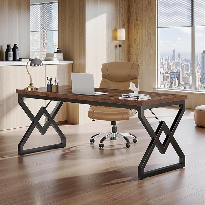 Tribesigns 63-inch Executive Desk, Large Office Computer Desk with Extra Thick Wooden Tabletop and Metal Frame, Modern Simple Workstation Writing Table Study Desk for Home Office, Vintage Brown