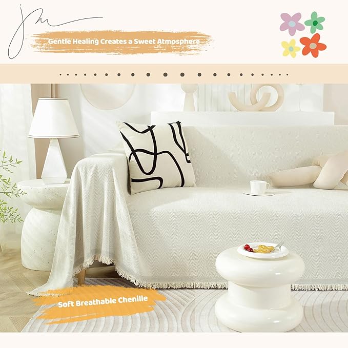 STACYPIK Modern Beige Couch Covers for Dogs Cats Thick Chenille Ivory White Sofa Cover Sofa Slipcover Furniture Protector for 3 Cushion Couch with Tassel Non-Silp Futon Cover Sofa Protector-71X150IN