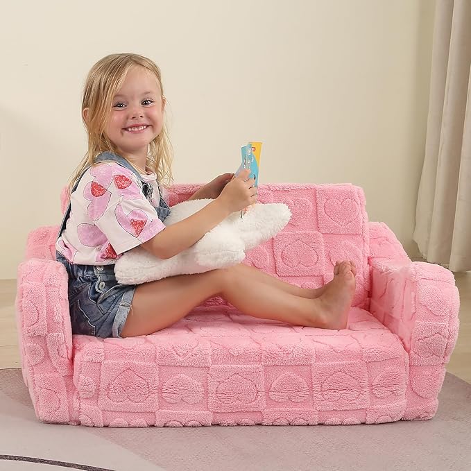 Extra Wider Seating Toddler Couch, 2-in-1 Toddler Soft Couch Fold Out with Star Pillow, Convertible Sofa to Lounger for Girls and Boys, Pink Heart