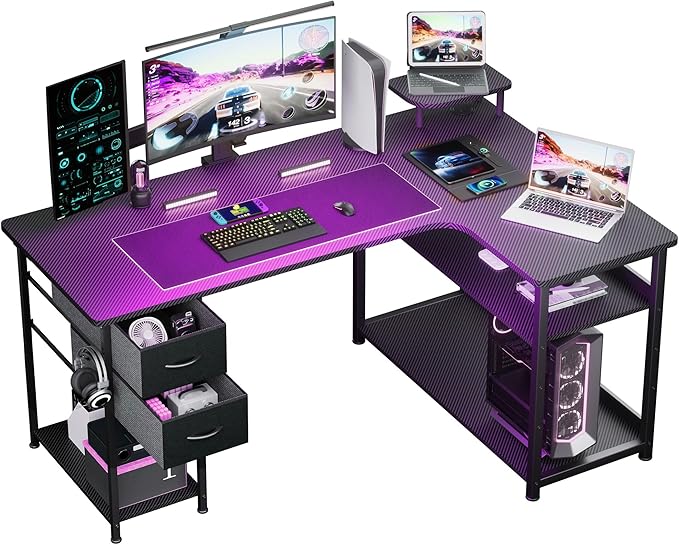 GTPLAYER L Shaped Desk with Drawers, Carbon Fiber Style Computer Desk with Monitor Shelf, Black Small L Shape Desk with Adjustable Open Storage Shelf, Corner PC Table for Small Space Home Office