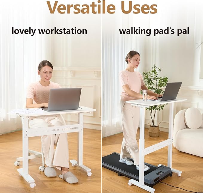 Non-Electric Auto-Lifting Standing Desk, No Knobs or Crank, Cordless, Rolling and Mobile, Great for Walking Pad, Adjustable Height 28.1'' to 43.3'', Desktop Size 31.5'' by 15.7'', Color White