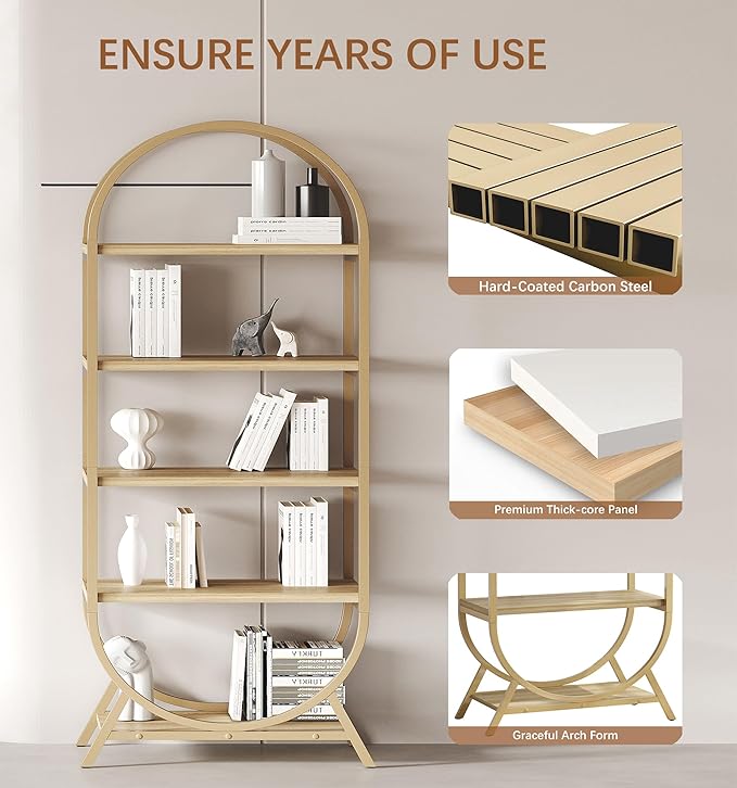 Bookshelf Arched Bookcase Set 2, 5 Tier Open Freestanding Display Shelf for Home Office, Living Room, Gold & Nature Wood