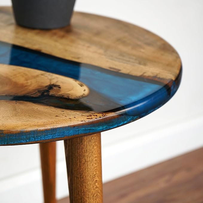 20" Resin Walnut Round Side Table | Epoxy End Table | Coffee Table | Mid Century Modern Resin Walnut | Living Room Furniture | Blue Color