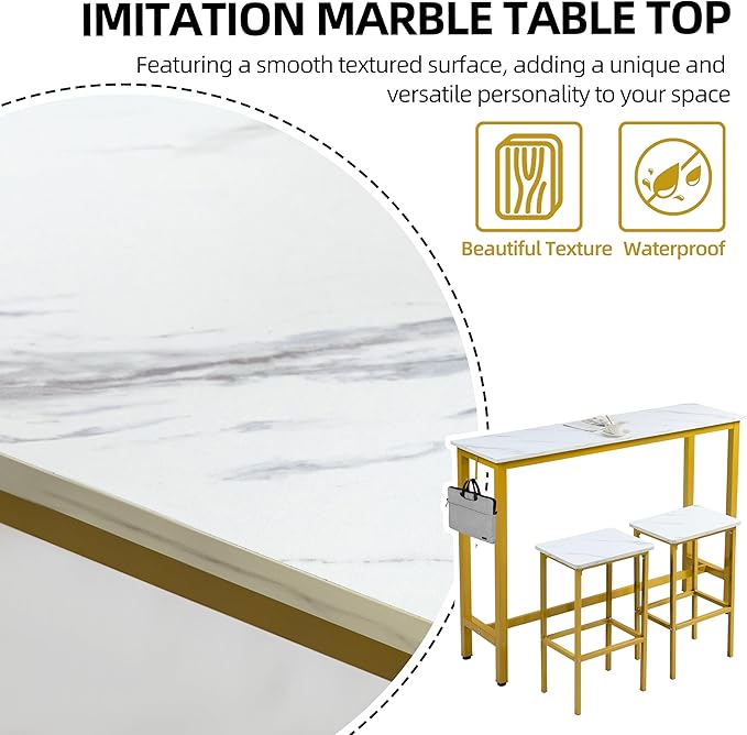 Finnhomy 52.7" Industrial Bar Table Set with 2 Stools - Counter Height Dining & Pub Table for Small Spaces, Kitchen, Apartment, Nook - Metal & Wood, Space-Saving Furniture - White Marble and Gold