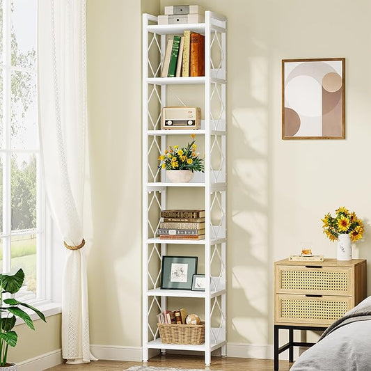 Tribesigns 78.7 Inch Extra Tall Narrow Bookshelf, 7 Tier Skinny Bookcase for Small Spaces, Freestanding Display Shelves, Multifunctional Corner Storage Organizer for Home Office, White