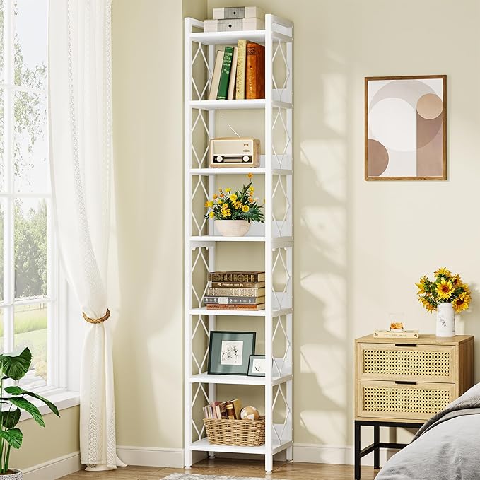 Tribesigns 78.7 Inch Extra Tall Narrow Bookshelf, 7 Tier Skinny Bookcase for Small Spaces, Freestanding Display Shelves, Multifunctional Corner Storage Organizer for Home Office, White