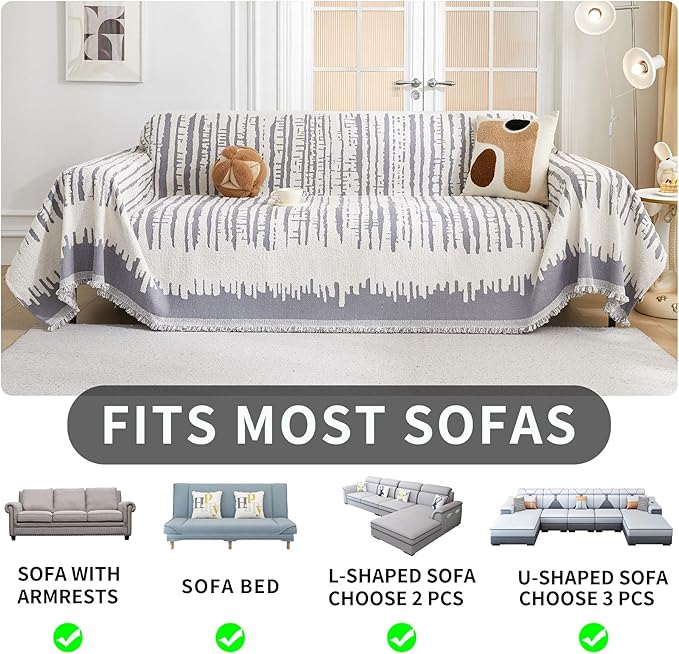 HAOMAIJIA Boho Sofa Covers Couch Covers for 3 Cushion Couch Sofa Pet Friendly Soft Thick Non Slip Couch Cover for Dogs Washable Sectional Couch Covers L Shape Furniture Protecto (XF-Grey, 71"x118")