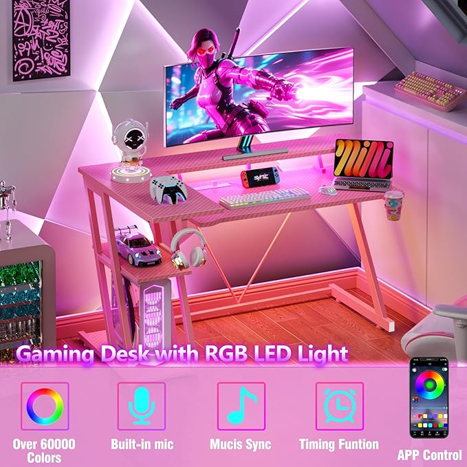40 Inch Pink Gaming Desk with Power Outlet & LED Lights, Corner Computer Desk with 3 Tiers Storage Shelves, L Shaped Gaming Desk with Monitor Stand for Bedroom