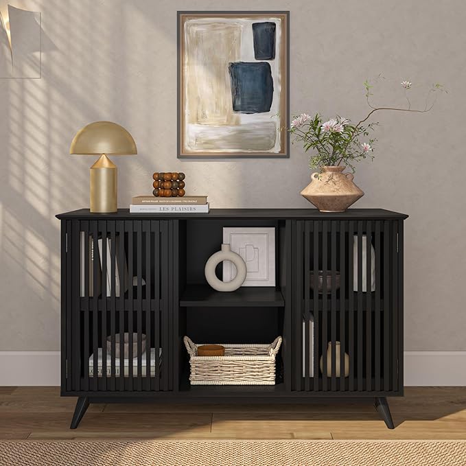 Plank+Beam Mid-Century Modern Wood TV Stand, Solid Wood Entertainment Console with Storage, 49" L x 16" W x 30" H, Black