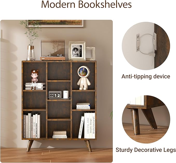 Manora Rustic Brown 10 Cube Mid Century Modern Bookshelf, Wooden Storage Organizer with Open Shelves, Retro Bookcase for Living Room, Bedroom, Home Office
