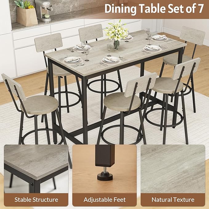 Rovibek Dining Table Set for 6, Bar Table and Chairs Set, Modern 6 Piece High Top Table and Chairs, Industrial Bar Height Pub Tables for Kitchen, Dining Room, Grey