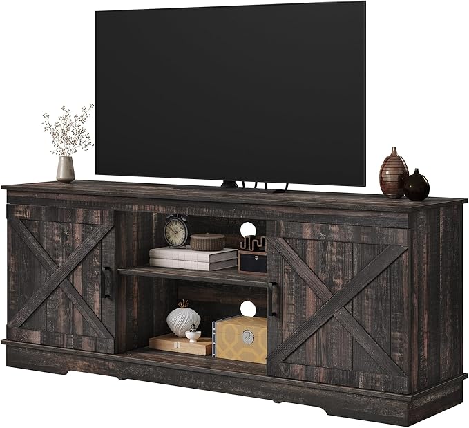 DWVO Farmhouse TV Stands for Living Room, Entertainment Center with Storage, TV Stand for 65 Inch TV with Double Barn Doors & Storage Cabinets, Rustic TV Cabinet Media Console, Dark Oak