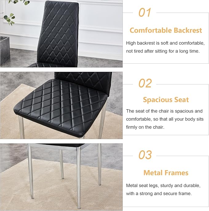 Modern Minimalist Dining Chair Fireproof Leather Sprayed Metal Pipe Diamond Grid Pattern Restaurant Home Conference Chair Set of 4 Or 6 (6, Jet Black)