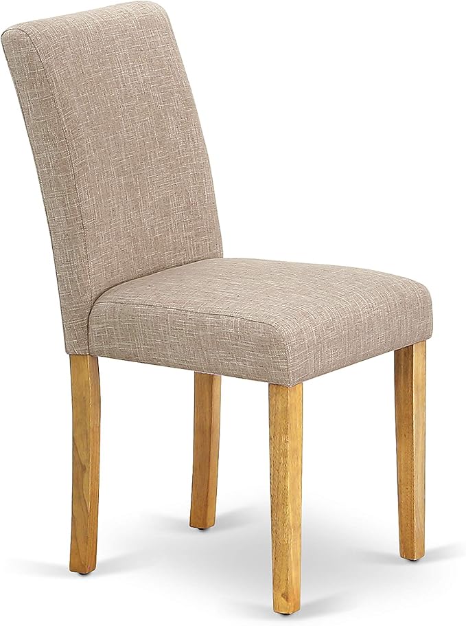 East West Furniture AMAB3-OAK-04 3 Piece Dining Set Contains a Round Kitchen Table with Pedestal and 2 Light Tan Linen Fabric Parson Dining Room Chairs, 36x36 Inch, Oak