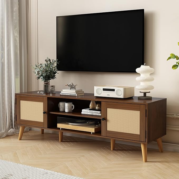 TV Stand for TVs up to 65 inches, Rattan Grain Finish Panel with 2 Storage cabinets, Modern Minimalist Style, Living Room, Audio-Visual Room for Multiple Rooms,3 Colors Available (Walnut)