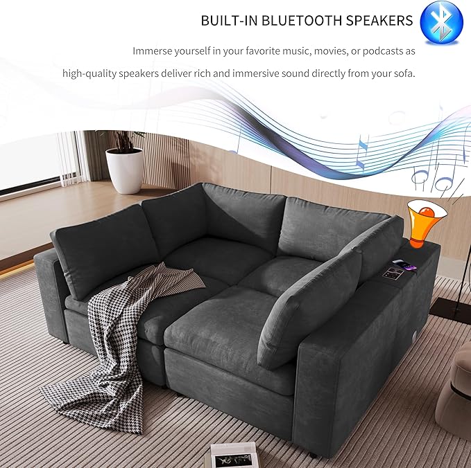 133.9 Inch Modular Convertible Sectional Sofa with Storage, USB Ports, Wireless Charging & Built-in Speaker in Arm, L-Shaped Upholstered Sleeper Couch for Living Room Office, Gray
