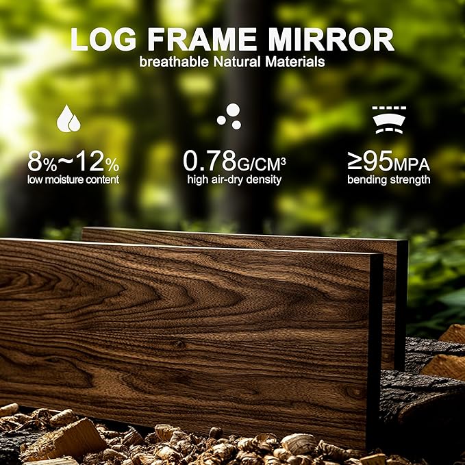 56x24 Inch Handcrafted Solid Wood Square Wall Mirror with Geometric Wood Inlay Design, Rustic Natural Texture for Bathroom, Bedroom, Living Room Decor