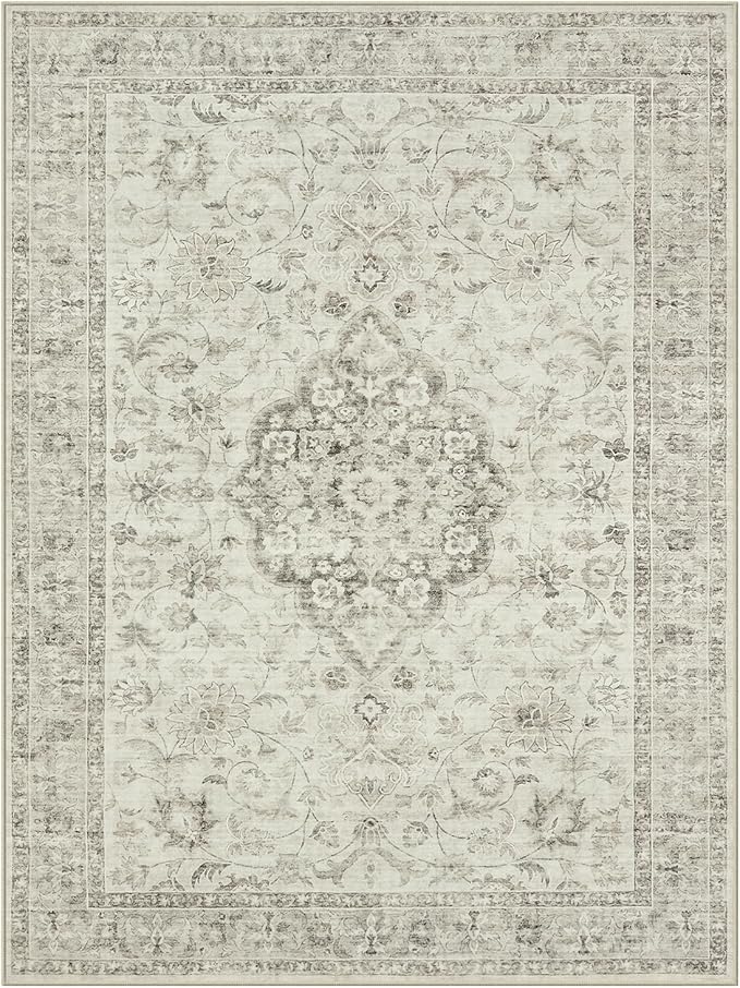 LIVEBOX Washable Area Rug 9x12 Rugs for Living Room Bedroom, Non-Slip Boho Indoor Carpet for Dining Room Office, Low-Pile Farmhouse Soft Carpets for Kids Nursery Room Playroom, Taupe