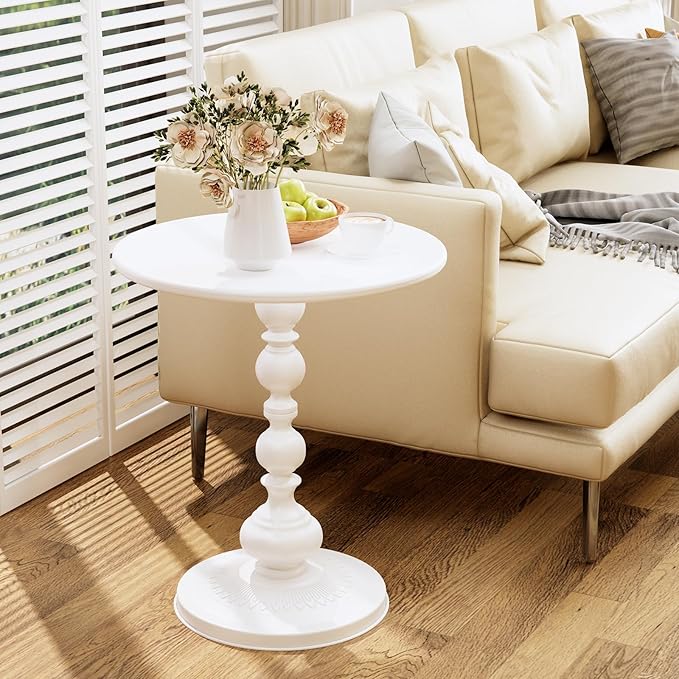 XIV Metal Small Round Side End Table, Vintage Matte Coffee Drink Cocktail Table, Accent Pedestal Table for Living Room Corners and Small Spaces, 21'' Height (White)