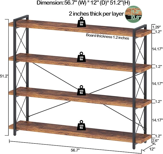 HCHQHS Large Bookshelf, 4-Tier Long Industrial Bookcase, Rustic Brown Book Shelf, Freestanding Horizontal Bookshelves with Metal Frame