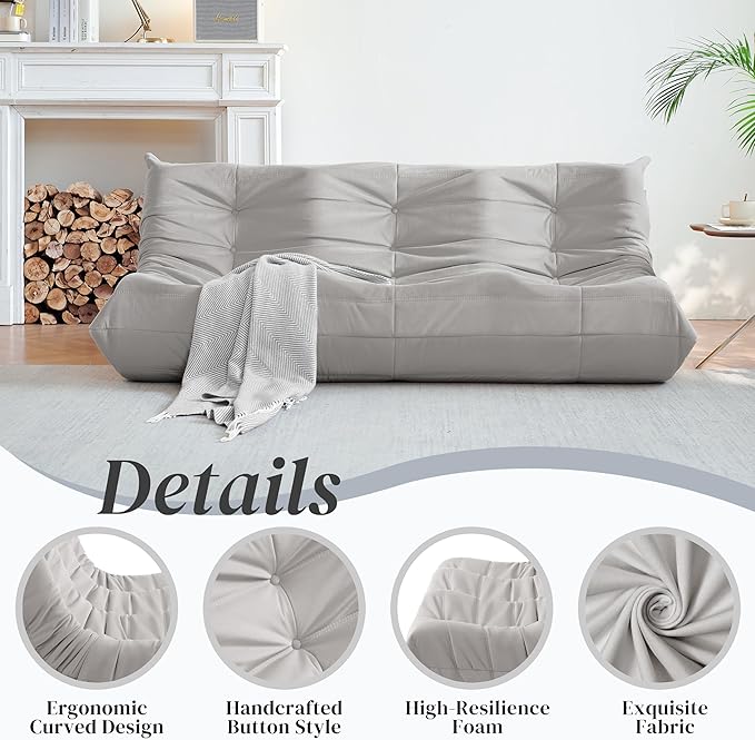 Bean Bag Chair, Large Fireside Chair Bean Bag Sofa for Adults, 3 Seater Bean Bag Chairs for Teens with High-Resilience Foam, Memory Foam Bean Bag for Living Room, Bedroom, Office (Suede, Light Gray)