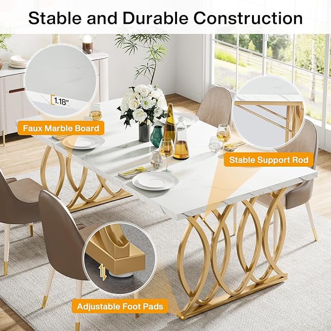 Tribesigns Modern Dining Table, 63" Large Kitchen Table for 4-6 People, Unique Rectangular Dinner Table Kitchen & Dining Room Furniture with Faux Marble Tabletop and Geometric Legs