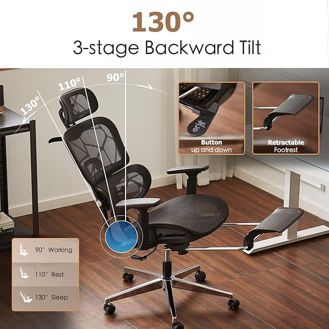 Ergonomic Mesh Office & Gaming Chair with Footrest, High Back Home Office Desk Chair, Comfortable Lumbar Support, 130° Tilt, Adjustable 3D Armrest & 2D Headrest (Black)