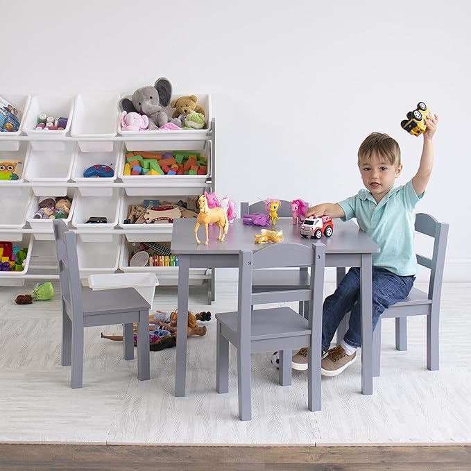 Humble Crew Kids Wooden Table and 4 Chairs Set, Grey - Kids Table and Chair Set for Toddlers and Children for Arts, Crafts, and Snack Time - Sturdy, Durable Toddler Activity Table