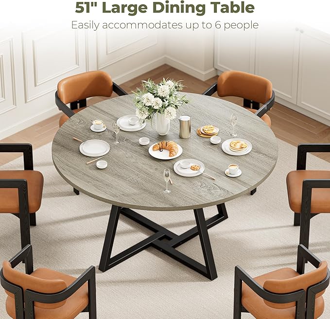 IRONCK 51" Round Dining Table for 6, Wood Kitchen Table with Metal Base, Space Saving Industrial Circle Dinner Table for Kitchen Dining Room, Gray